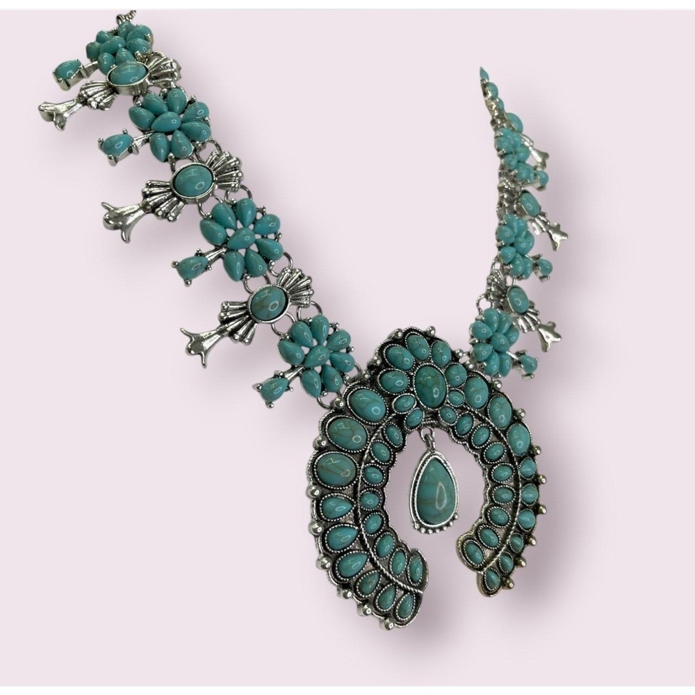 Southwestern Faux Turquoise Squash Blossom Naja Statement Necklace Silver Tone